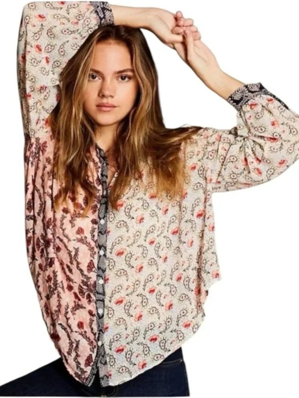Free People women's size XL Dani light combo floral paisley sheer blouse top